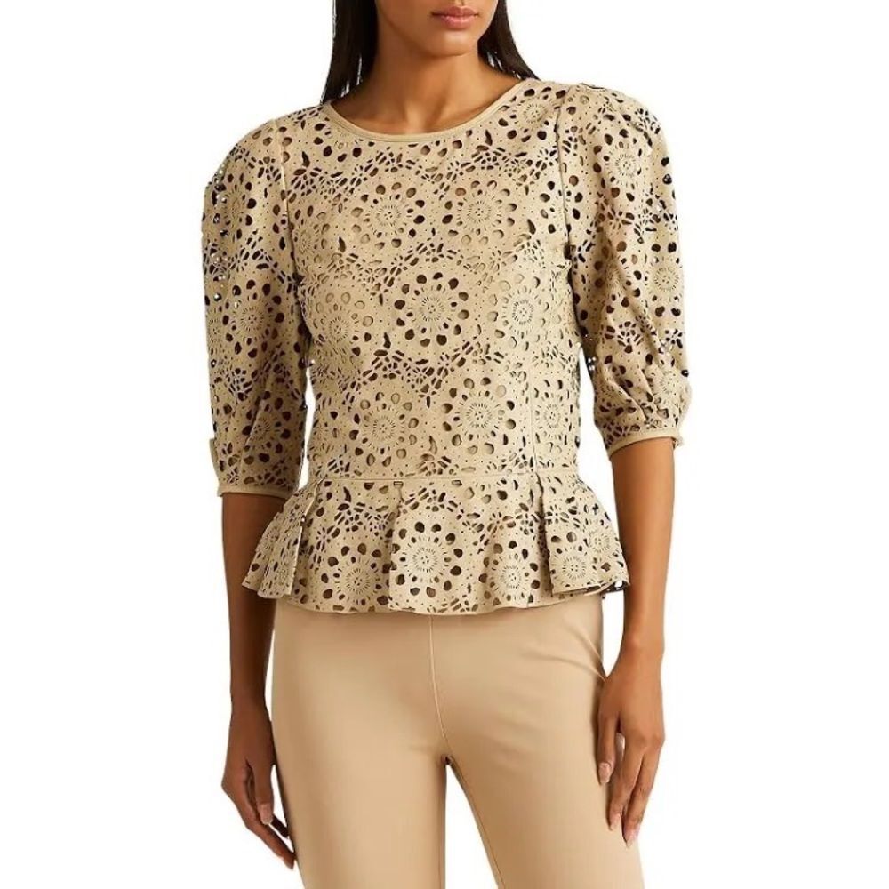 L.Ralph Lauren 100% Lambskin Leather Laser Cut Peplum Top, NWT, Size 16 - Picture 1 of 13